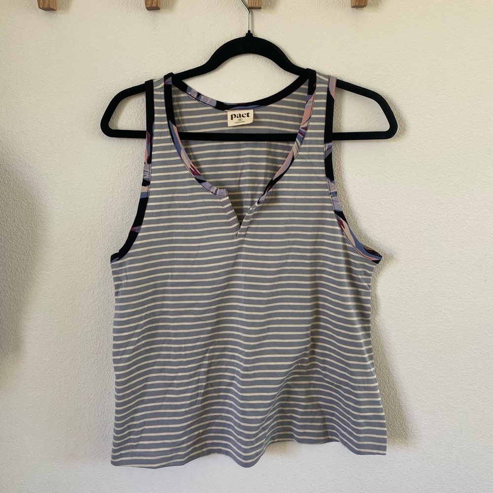 Pact Gray & White Striped Tank with Floral Trim